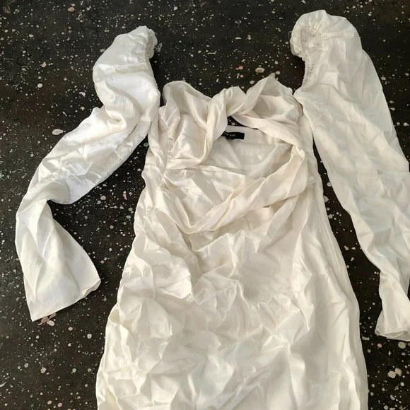 The Bar Twist Dress Ivory White Silk Puff Long Sleeve - Picture 8 of 8